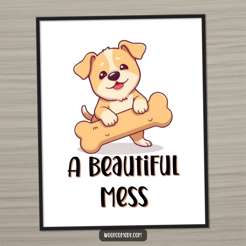 Funny digital art print of a clumsy dog with floppy ears tripping over a large bone.