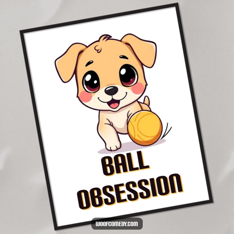 Funny digital art print of a cute dog character with wide eyes, chasing a bouncing ball, a delightful and humorous printable wall art.