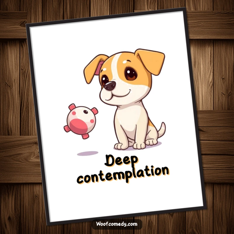 Funny digital art print of a curious dog tilting its head, eyes fixed on a floating squeaky toy.