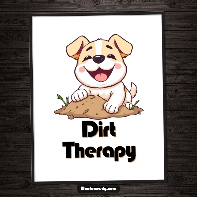 Funny dog digital art print of a dog with an ecstatic smile, digging enthusiastically in the dirt.