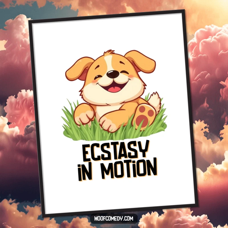 Funny digital art print of a happy dog with a wide, goofy grin, rolling in soft grass.