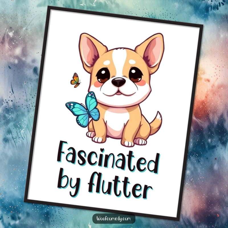 Funny Kawaii Dog Digital Art: A kawaii dog curiously watching a butterfly, perfect for digital decoration and gentle smiles.