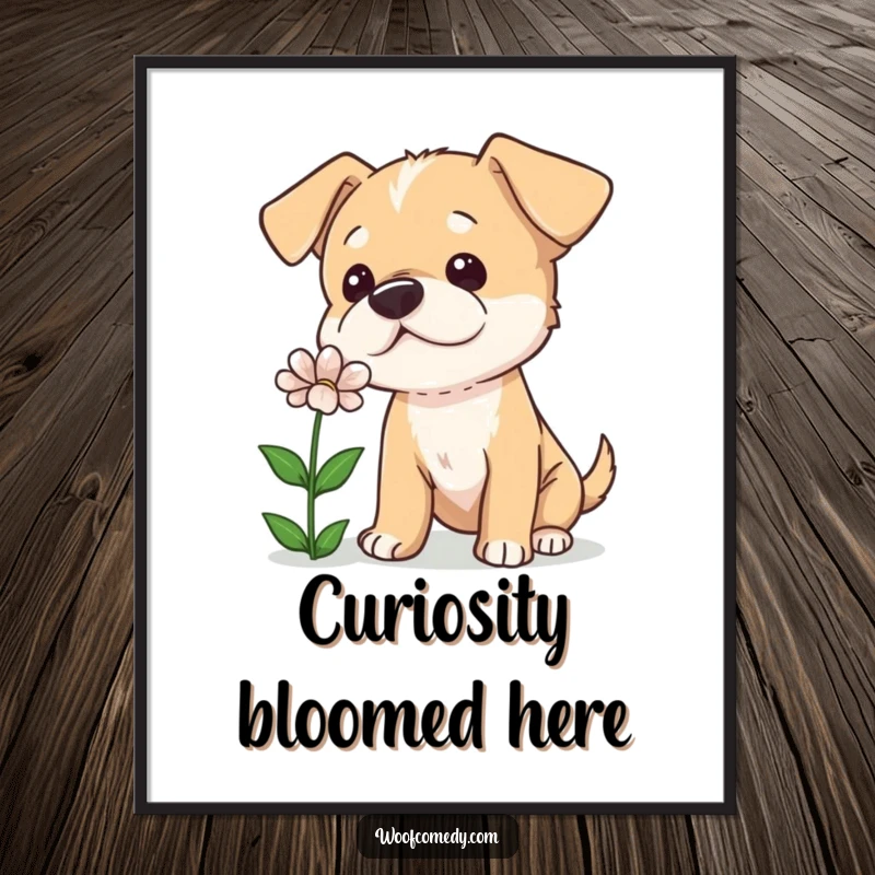 Funny digital art print of a curious dog tilting its head while sniffing a flower, capturing innocent exploration and gentle wonder.