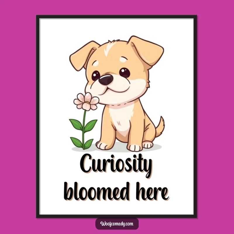 Funny Curious Dog Tilted Head Digital Art - Adorable Sniffing Flower Print