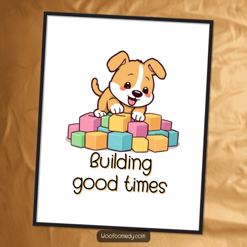 Funny energetic dog digging in colorful blocks, digital art print, instant fun, funny gift.