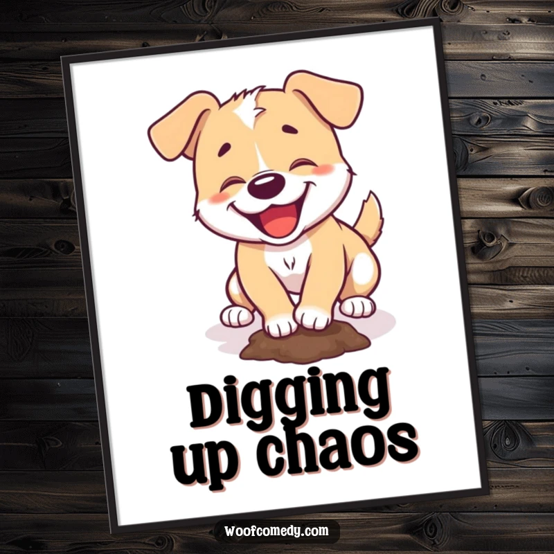 Funny digital art print captures a dog in the act of gleefully digging a small hole with pure delight.