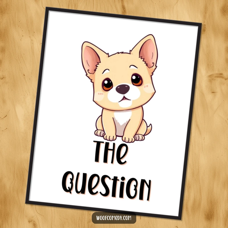 Funny dog head tilt digital art print capturing a dog tilting its head with ears perked, perfect for instant, curious wall art.