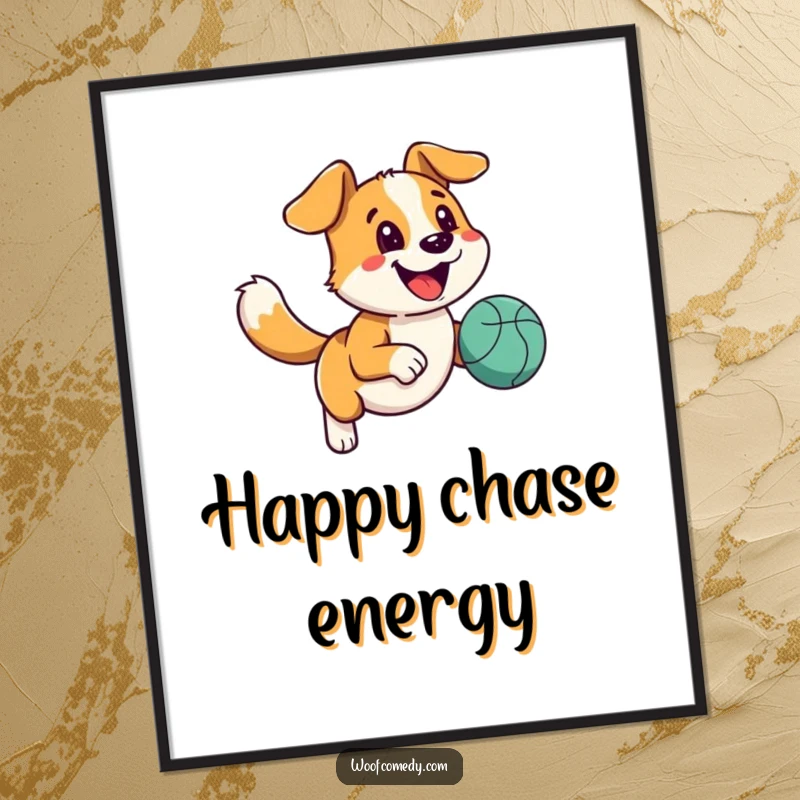 Funny happy dog digital art print of a dog running with a bouncy ball, ideal for instant joyful decor.