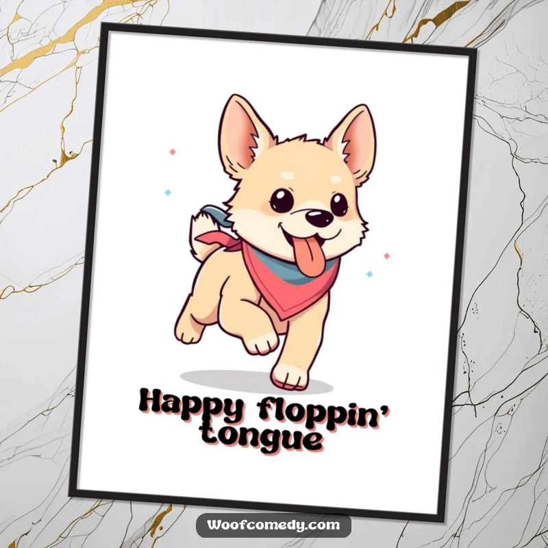 Funny kawaii dog wearing a bandana, happily running with its tongue out, printable digital art for humorous and happy decor.