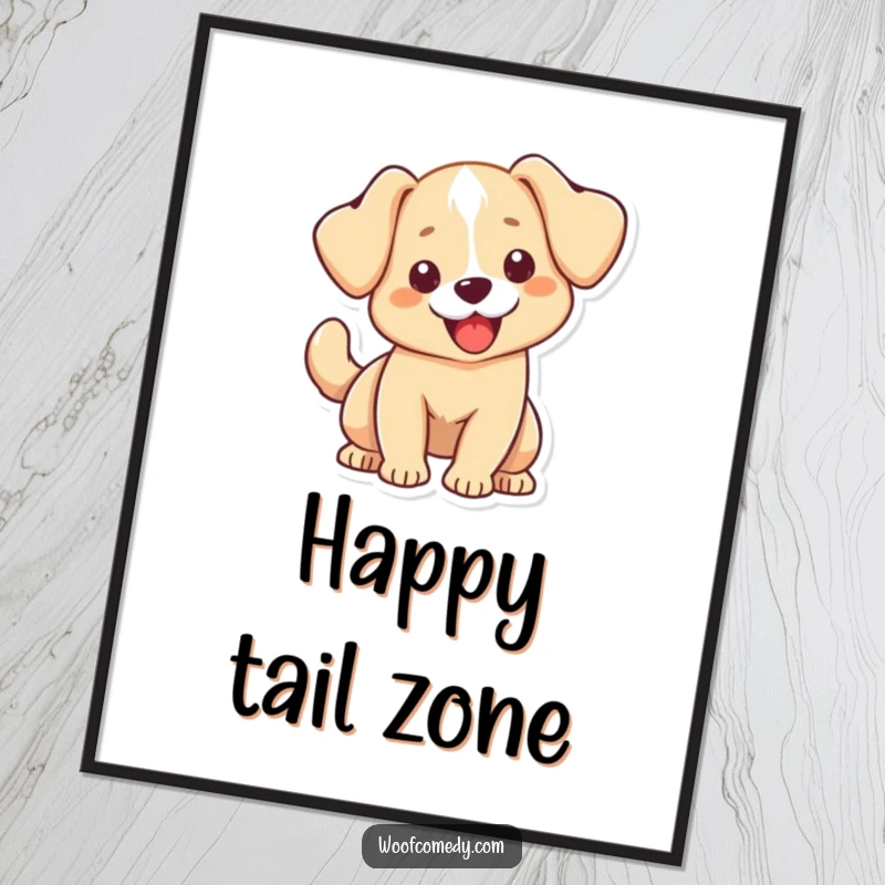 Funny Kawaii dog digital art print featuring a cute dog with floppy ears, its tail wagging exuberantly, radiating pure happiness and playful energy. Wall art.