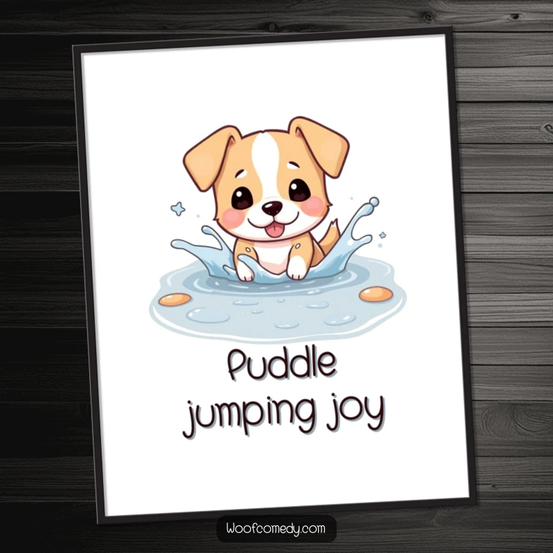 Funny digital art print of a kawaii dog playfully splashing in a puddle, ears flapping wildly, full of wet-dog humor.