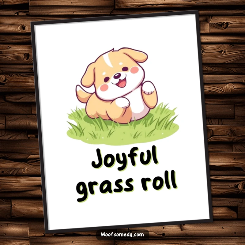 Funny digital art print of a kawaii dog rolling on green grass, an instant cute humorous gift.
