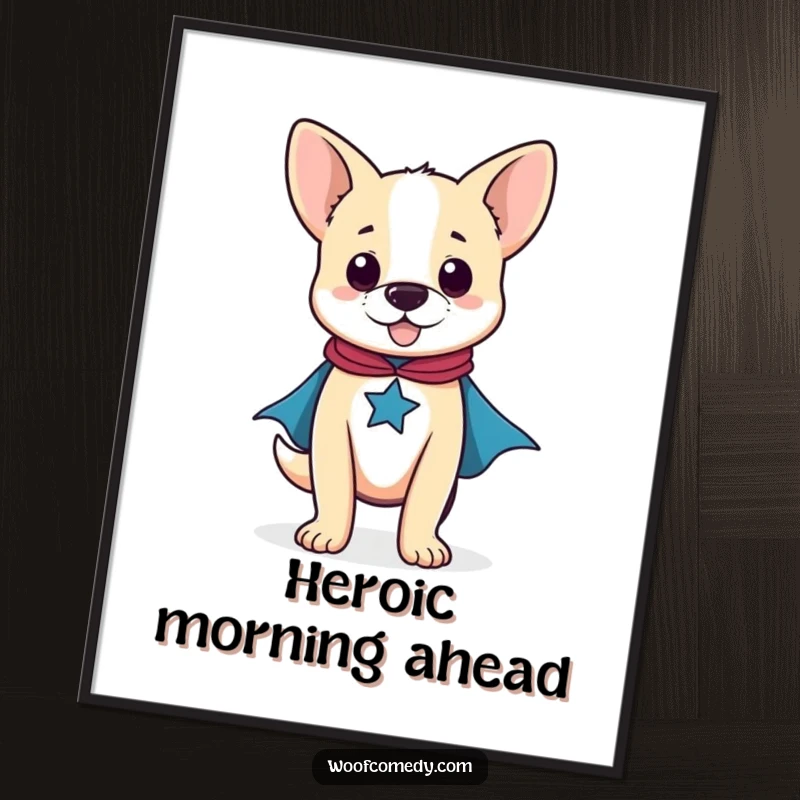 Funny digital art print of a proud dog standing heroically in a tiny superhero cape, ready to inspire.