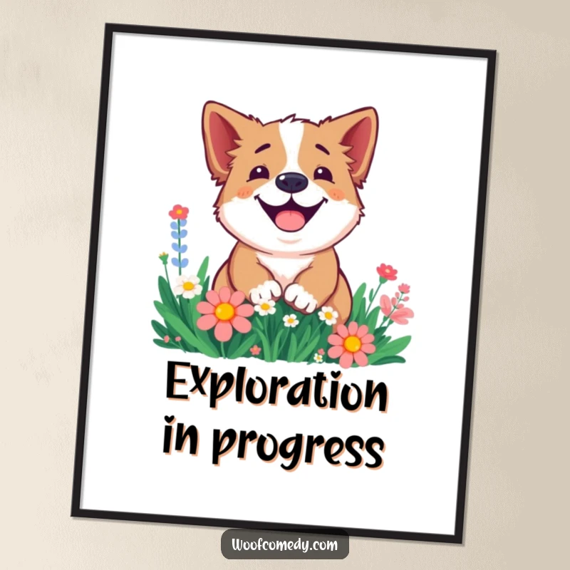 Funny smiling dog digital art print of a happy dog digging joyfully in a flower patch, radiating playful garden spirit.