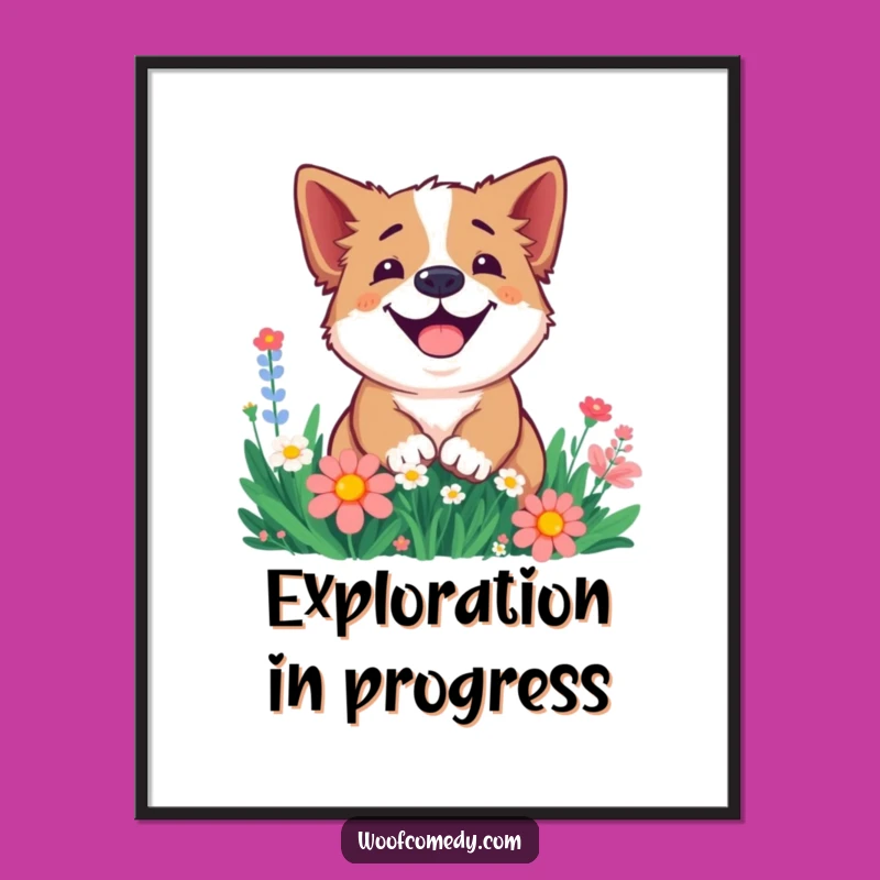 Funny Smiling Dog Flower Digital Art: Joyful Digging Pup Printable