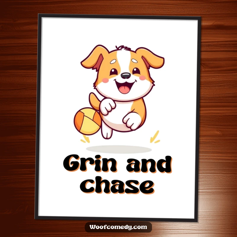 Funny Kawaii dog digital art print of a cute dog enthusiastically chasing a bouncy ball, its face beaming with a huge happy grin. Energetic wall art.