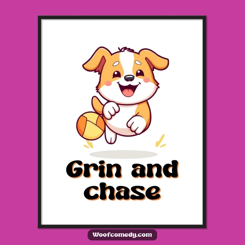 Funny Kawaii Dog Ball Chase Digital Art - Happy Grin Decor Gift