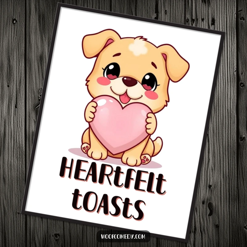 Funny loyal dog offering a giant glowing heart, loving gaze, digital art print, funny gift.