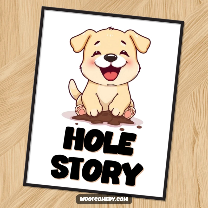 Funny dog digging digital art print showing a dog with muddy paws enthusiastically excavating, perfect for immediate, humorous wall decor.