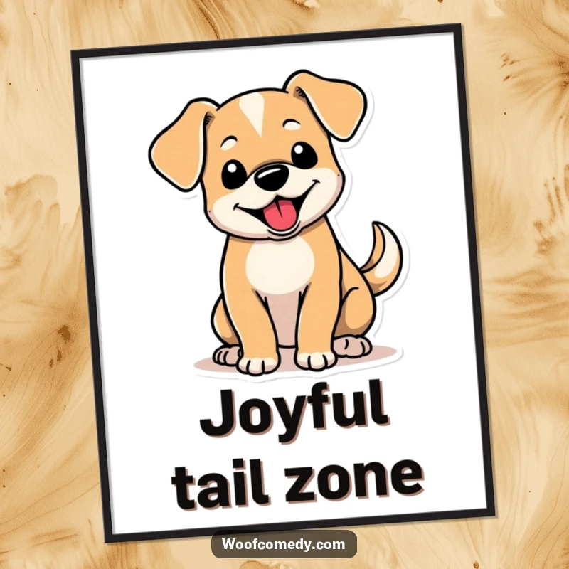 Funny digital art print of a cute dog with floppy ears and an energetically wagging tail, radiating pure, adorable joy.