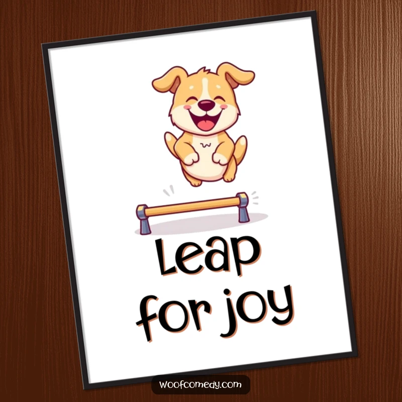 Funny digital art print of a happy dog joyfully jumping over a barrier, available for instant download and display.