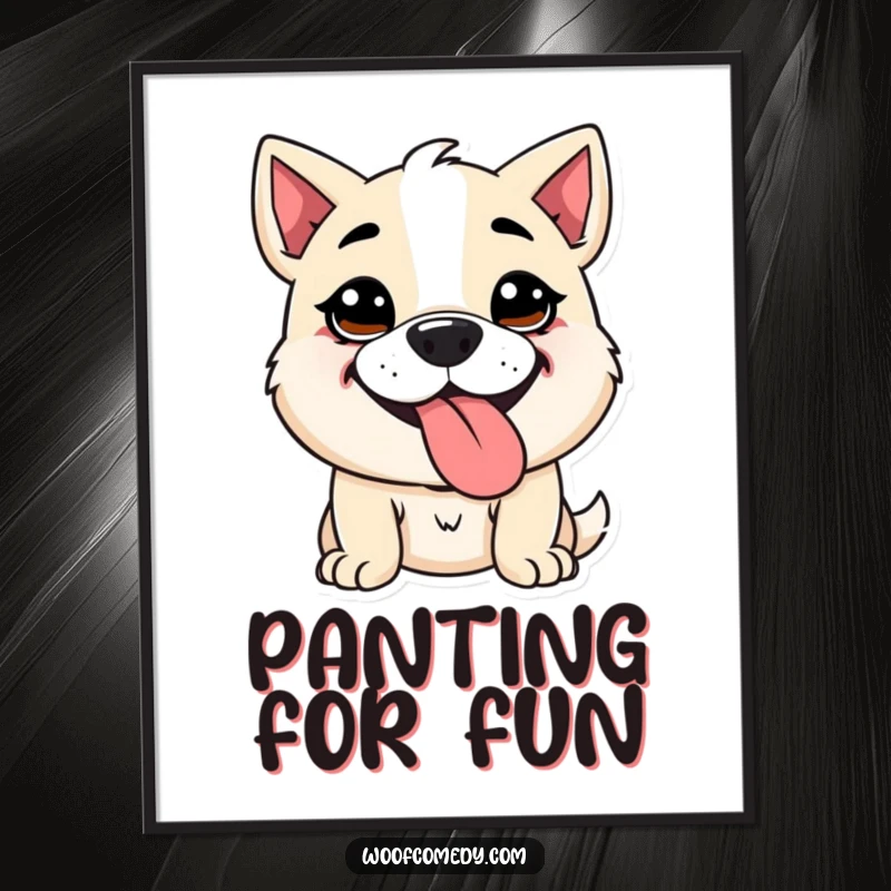 Funny Kawaii dog digital art print of a cute dog with a goofy expression, panting with its tongue out. Hilarious and characterful wall art.