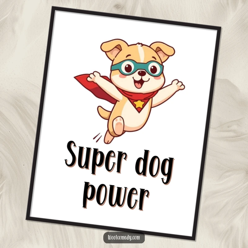 Funny Kawaii dog digital art print of a cute dog in a superhero cape, leaping into action. High-resolution download.
