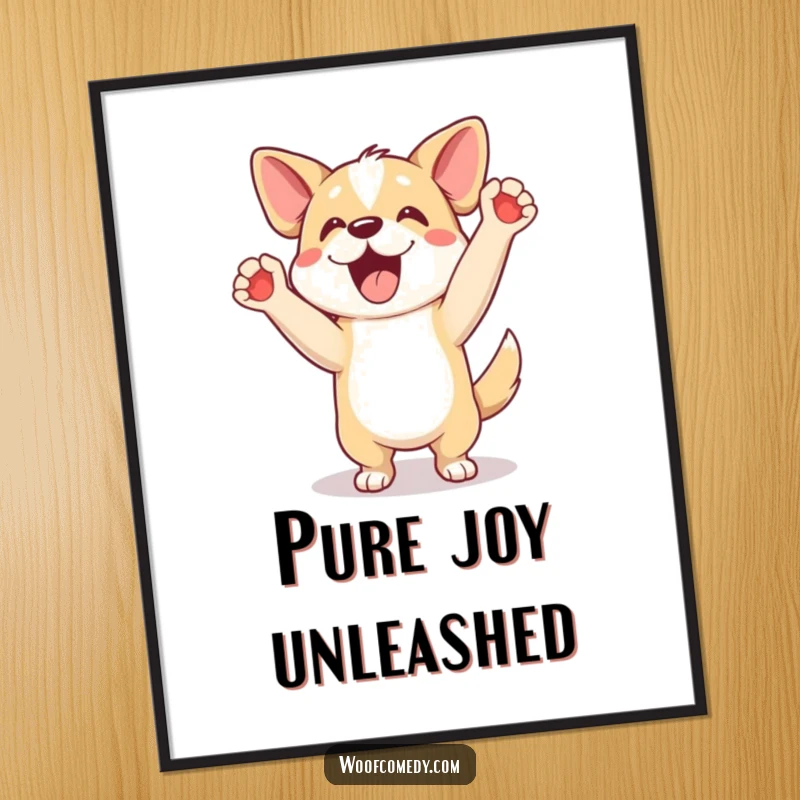 Funny digital art print of an excited dog doing a happy dance with paws up, an instant humorous gift.