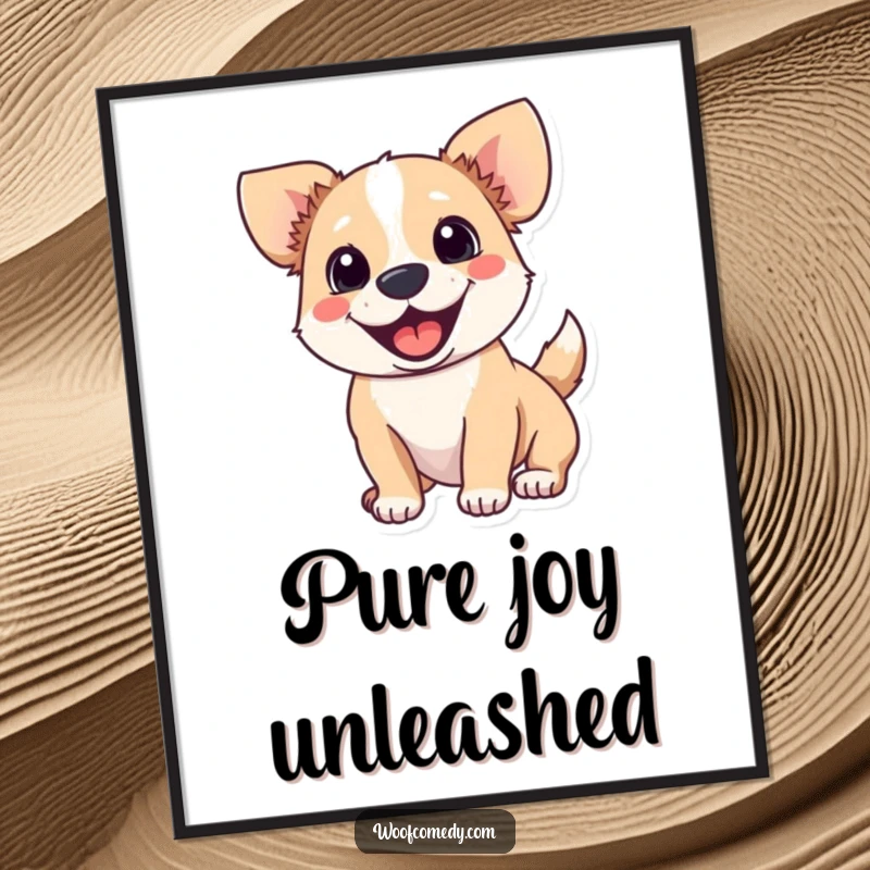 Funny digital art print captures a dog with a wagging tail and perked ears, embodying sheer excitement.