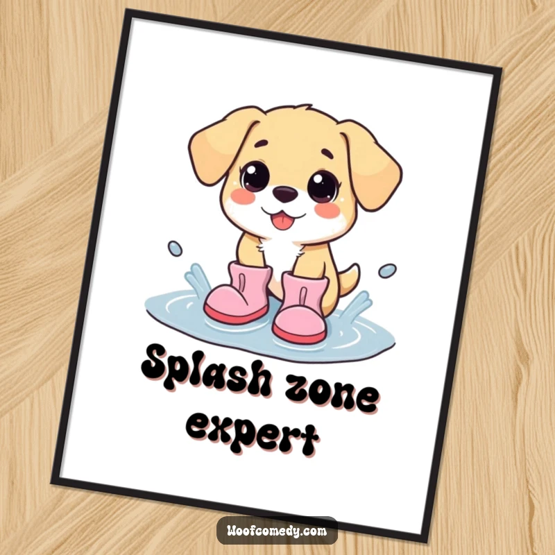 Funny kawaii dog wearing oversized boots, joyfully splashing in a puddle, high-resolution digital art print for instant cheer.