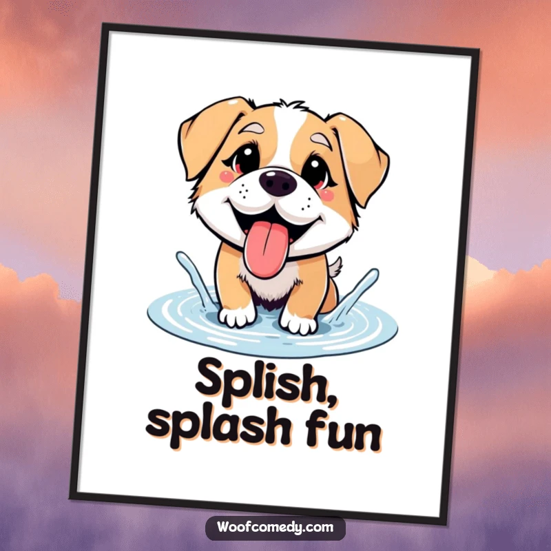 Funny dog panting, tongue out, splashing in a puddle, digital art print, funny gift.