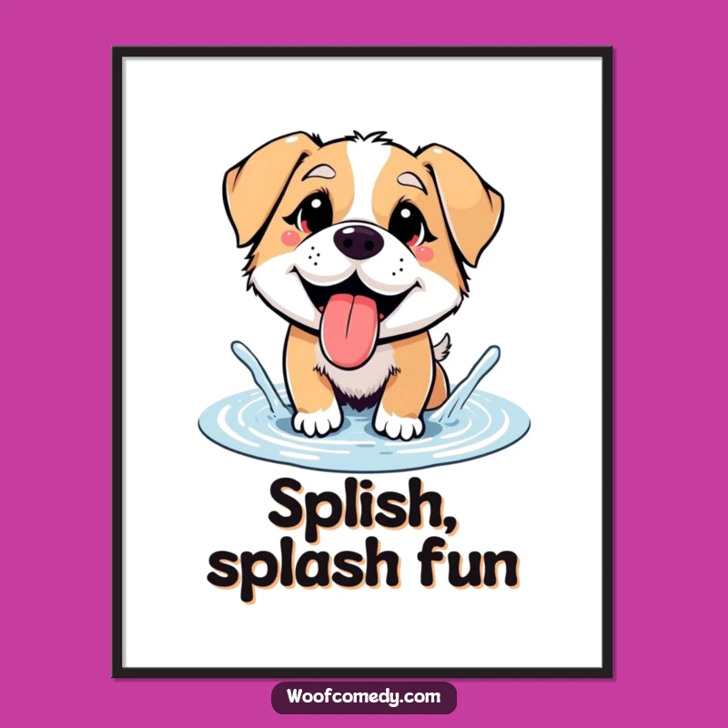 Funny Splashing Dog Digital Art - Instant Download of Puddle Joy
