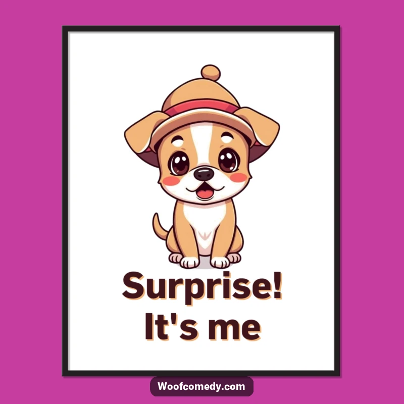 Funny Kawaii Dog Digital Art - Silly Hat Surprise, Instant Download