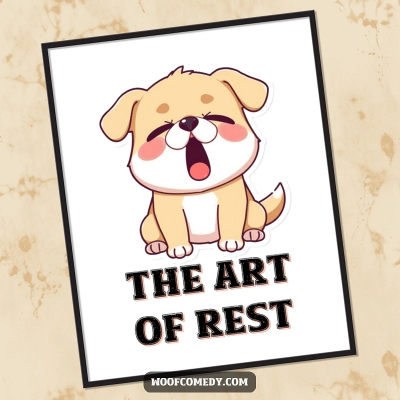 Funny sleepy dog digital art print of a dog yawning widely with eyes half-closed, ready for instant download and humorous wall decor.