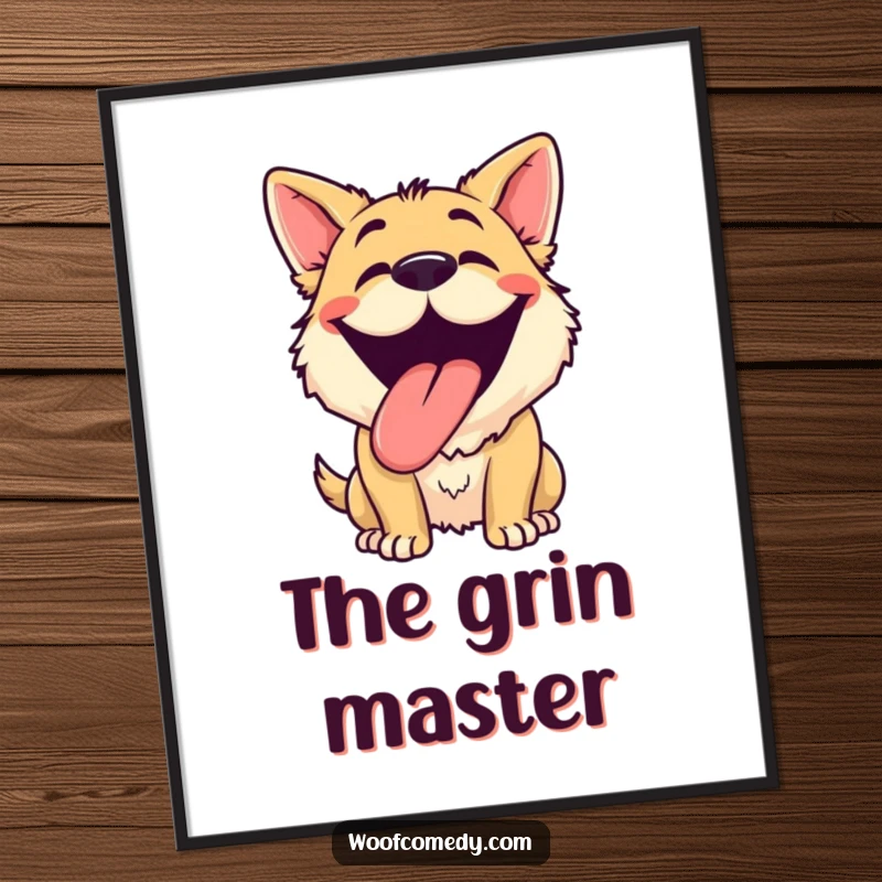Funny dog grinning digital art print capturing a dog panting with its tongue out and a silly grin, perfect for instant, cheerful wall art.