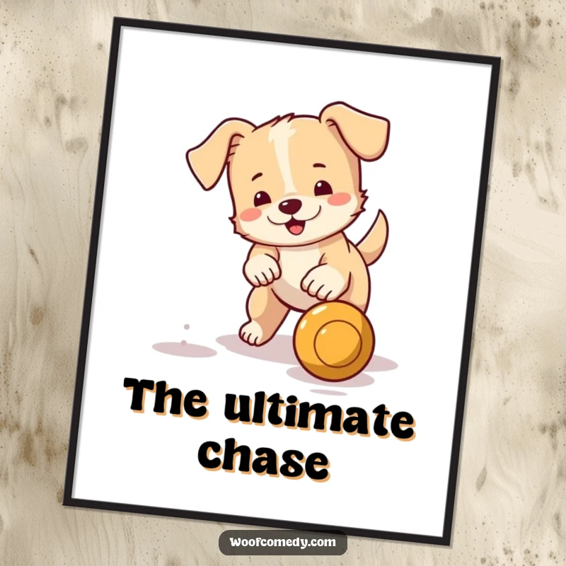 Funny little dog digital art print of a small dog with a wagging tail chasing a bouncing ball, radiating playful energy.