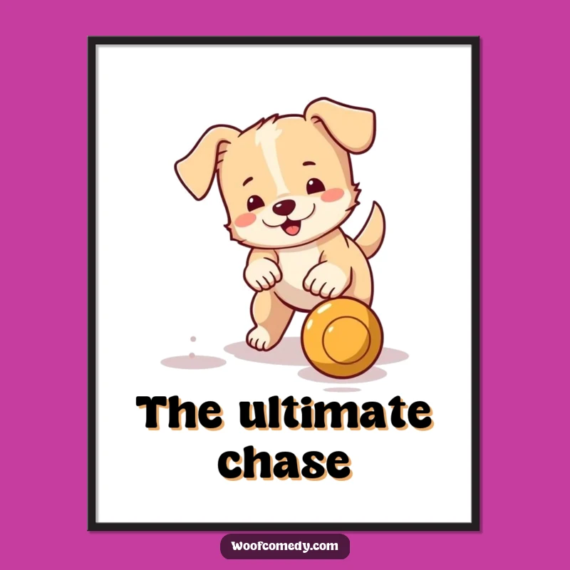Funny Little Dog Ball Fetching Digital Art: Active Wagging Tail Pup Printable