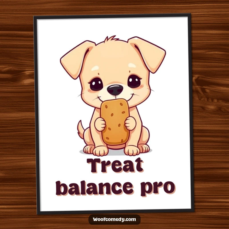 Funny digital art print of a small dog balancing a treat on its nose, a humorous instant gift.