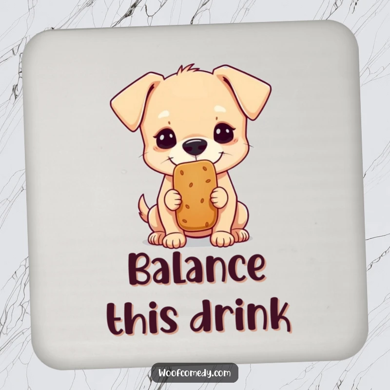 Funny drink coaster with a small dog balancing a treat on its nose, a humorous protective gift.