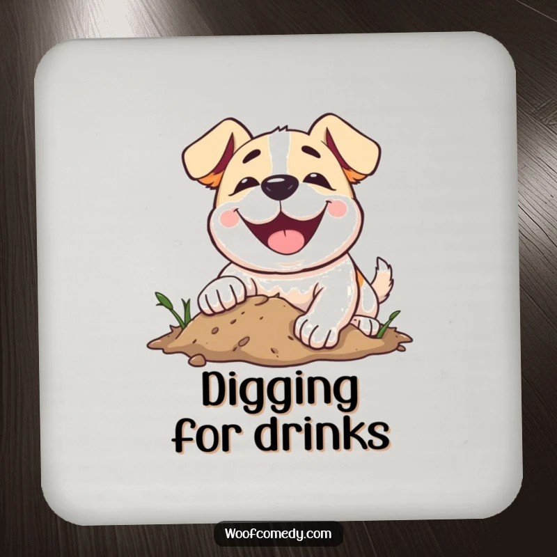 Funny dog coasters showing a dog joyfully digging in the dirt with a wide, happy smile.