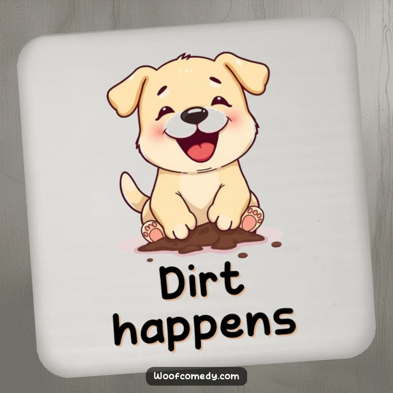 Funny dog digging drink coaster featuring a dog with muddy paws digging, creating a humorous and protective barrier.