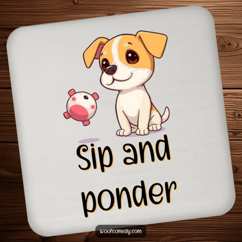 Funny drink coaster with a curious dog tilting its head, eyes fixed on a floating squeaky toy.