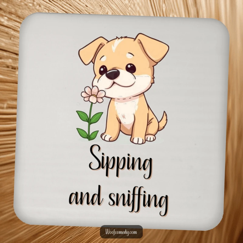 Funny drink coaster featuring a curious dog tilting its head while sniffing a flower, adding gentle charm to any surface.