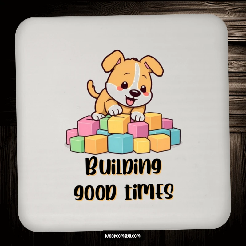 Funny energetic dog digging in colorful blocks, protective drink coaster, playful home accessory, funny gift.