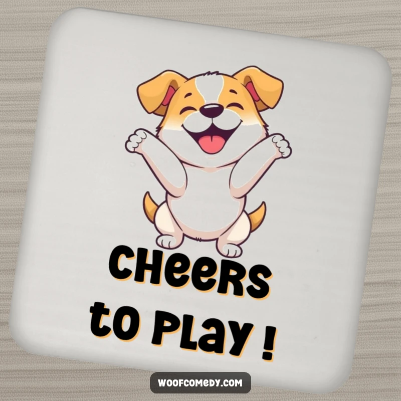 Funny drink coaster depicting a happy dog in an enthusiastic bow, perfect for protecting surfaces with flair.