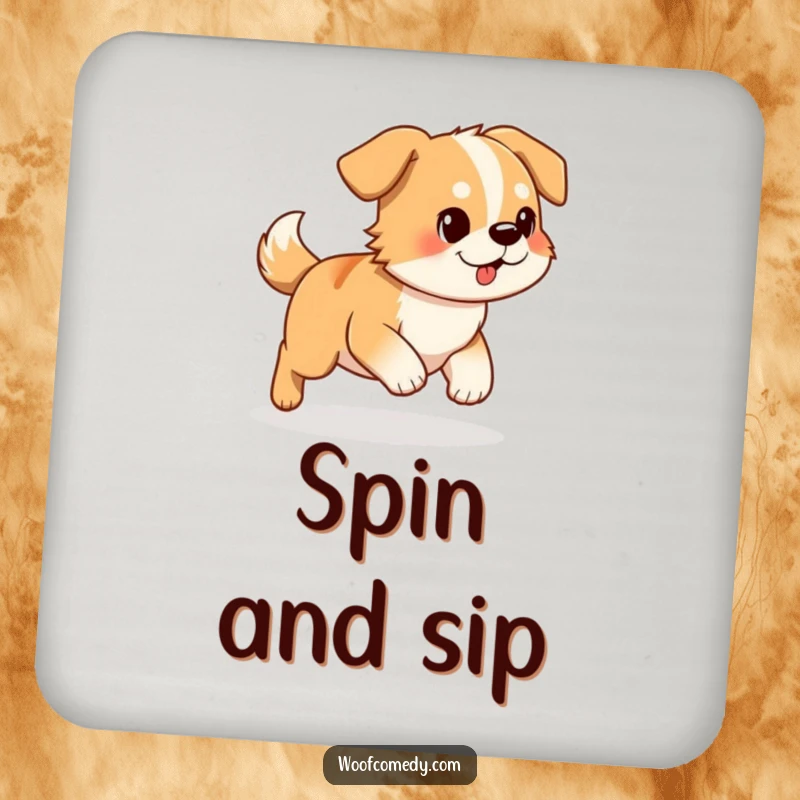 Funny Dog Coasters: A determined dog comically chasing its tail, protecting surfaces with a humorous design.