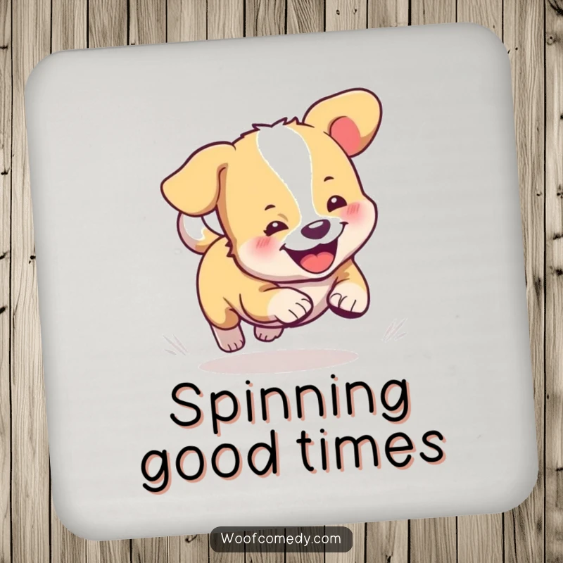 Funny drink coasters showcasing a cute dog humorously engaged in chasing its tail, protecting surfaces with style.