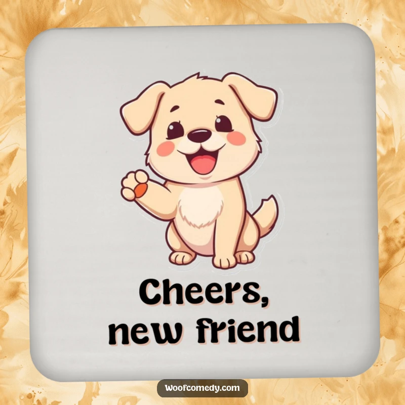Funny Dog Coasters: A cheerful dog barking with a raised paw in greeting, adding humor and protection to tables.