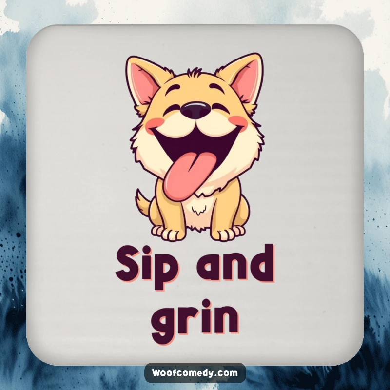 Funny dog grinning drink coaster featuring a stylized representation of a happy dog panting with its tongue out and a silly grin.