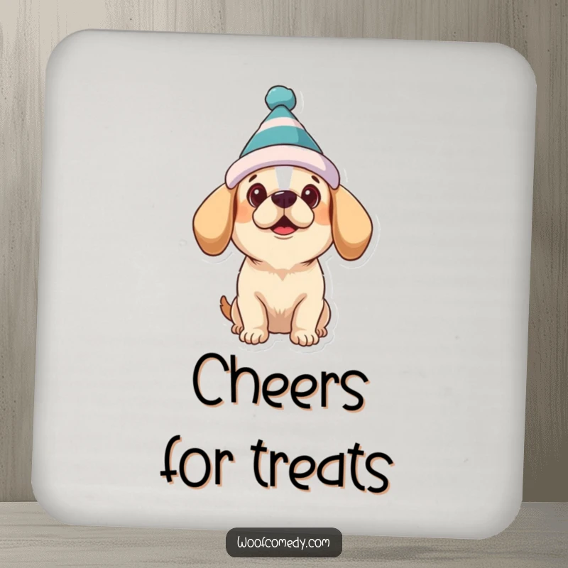 Funny dog coaster set featuring a dog wearing a silly hat, looking up expectantly, a humorous addition to any table.